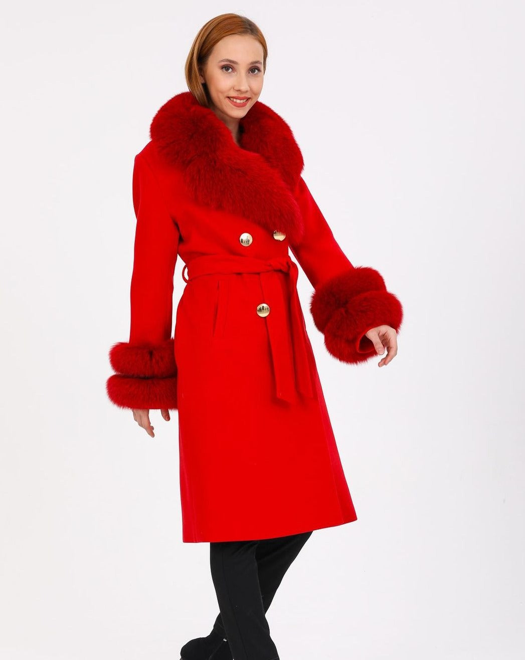 Sophisticated GLORIA RED Coat with Customizable Fox Fur Details