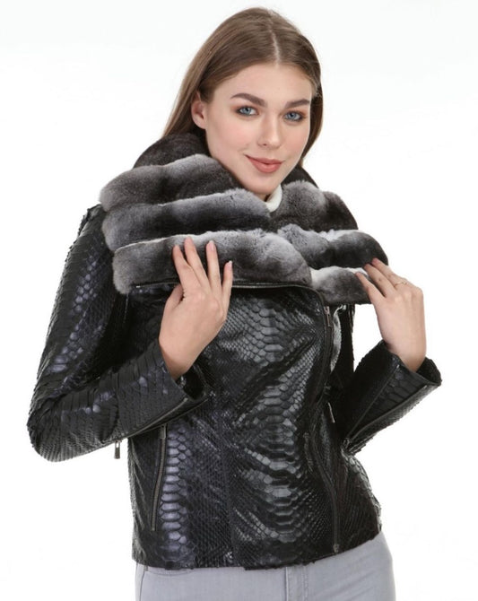 Stunning Irina jacket with python leather and chinchilla fur collar worn by a model with a captivating look.