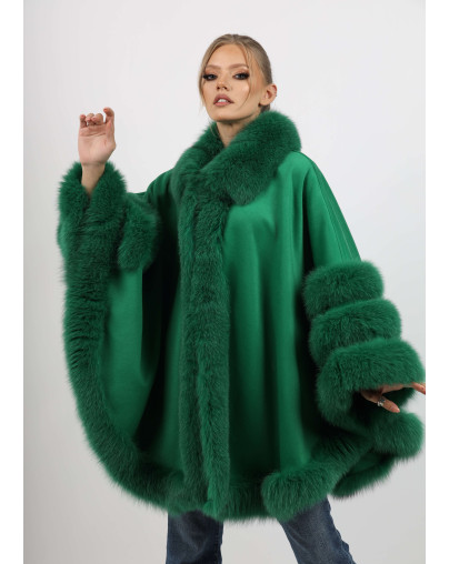 LILIAN Green Cape with fox fur trim