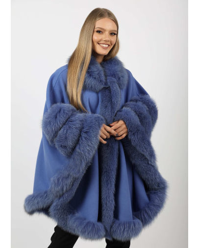 LILIAN LIGHT BLUE Cape fox fur trim