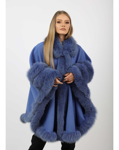 LILIAN LIGHT BLUE Cape fox fur trim front