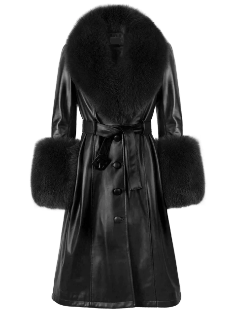 Luxurious NOOR BLACK Leather Trench Coat in a sophisticated front view.
