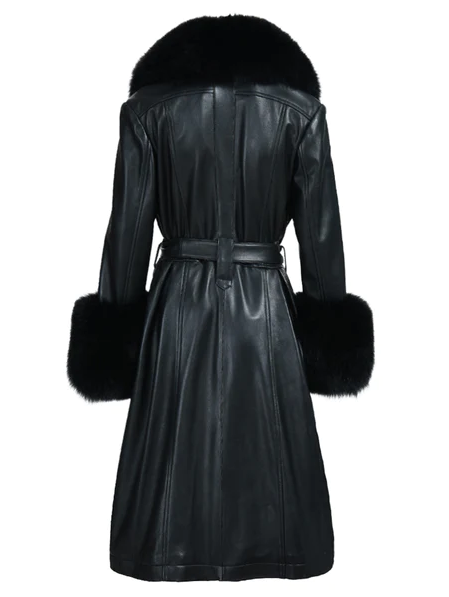 Chic back view of Noor leather trench coat highlighting the belted waist and smooth leather texture.