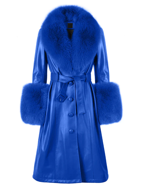 front view of NOOR BLUE Leather Trench Coat fox fur collar and cuffs.