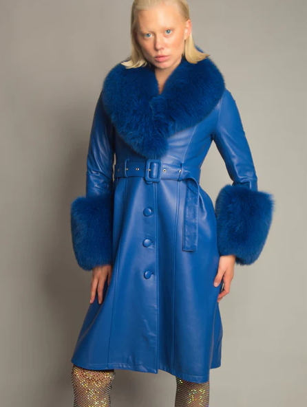 Luxurious NOOR BLUE Leather Trench Coat