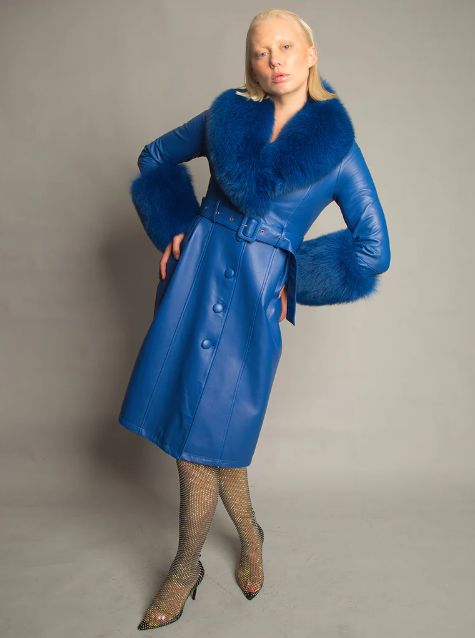 NOOR BLUE Leather Trench Coat in a sophisticated front view