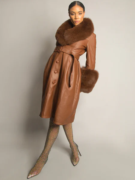 NOOR BROWN Leather Trench Coat