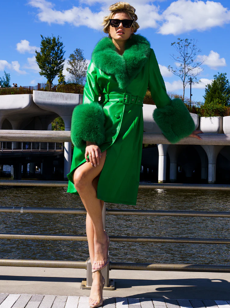 Luxurious NOOR GREEN Leather Trench Coat in a sophisticated front view.