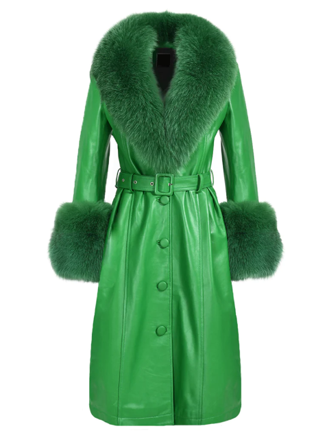 Elegant front view of NOOR GREEN Leather Trench Coat fox fur collar and cuffs.