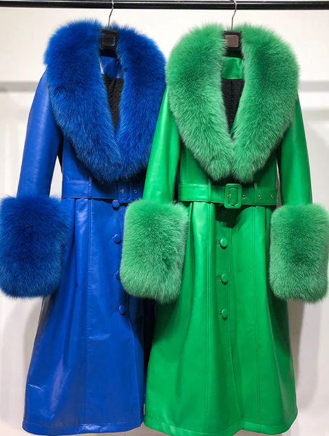 NOOR Blue and Green Leather Trench Coat 