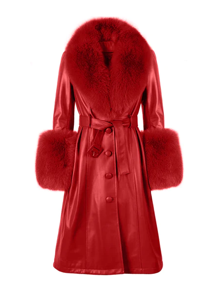 NOOR RED Leather Trench Coat front