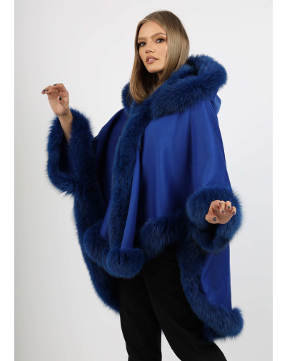 Model wearing Ophelia blue fox fur hooded cape
