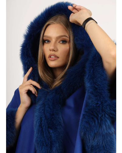 Close-up of the Ophelia blue fox fur hooded cape's texture and luxurious fur detailing.