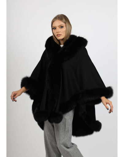 Model wearing Ophelia black fox fur hooded cape