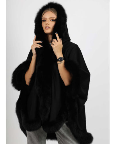 Close-up of the Ophelia black fox fur hooded cape's texture and luxurious fur detailing.