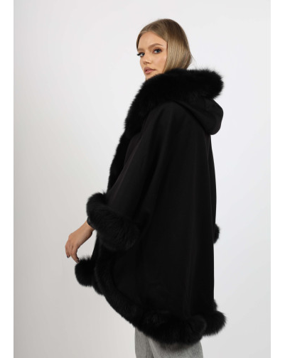 Back view of the Ophelia black fox fur hooded cape