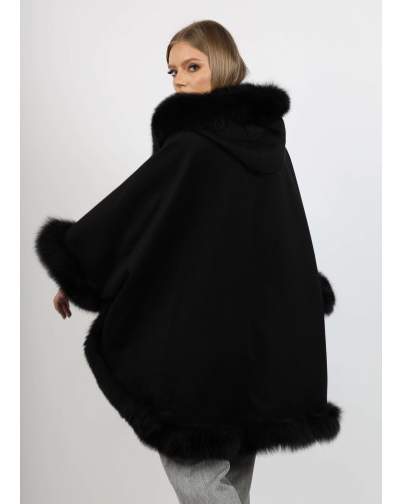 Back view of the Ophelia black fox fur hooded cape, displaying the hood's exquisite design and fur trim.