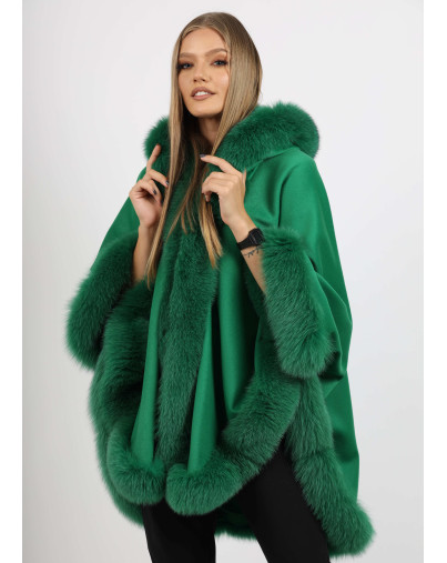 Model wearing Ophelia green fox fur hooded cape