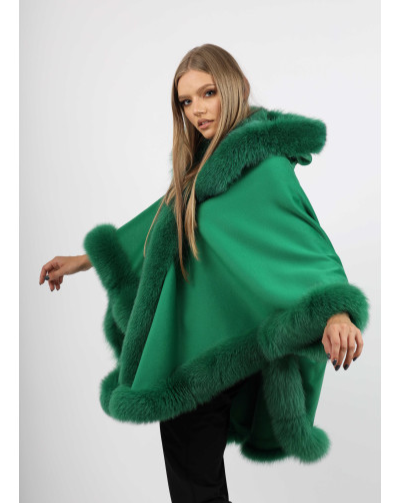 Side view of the Ophelia green fox fur hooded cape