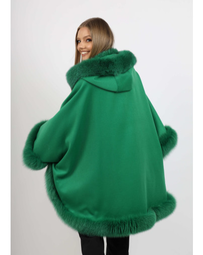 Back view of the Ophelia green fox fur hooded cape