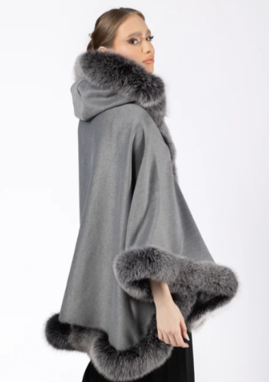 Side view of the Ophelia grey fox fur hooded cape