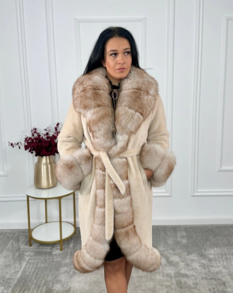 Front view of the Oya Alcantara and Fox Fur Coat with belt tied, showcasing the blend of materials and craftsmanship.