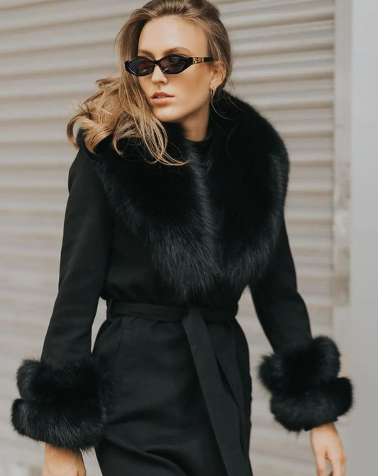 XENIA Black Long Wool Coat with Fox Fur