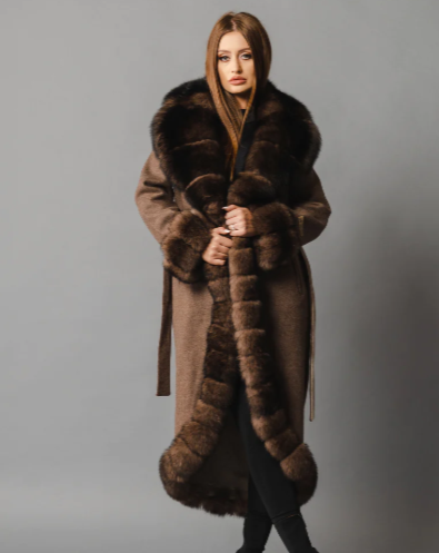 Sophisticated Zaira alpaca wool coat with a genuine fox fur collar, modeled in a poised standing position.