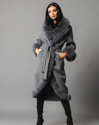Sophisticated Zaira alpaca wool coat with a genuine fox fur collar, modeled in a poised standing position.