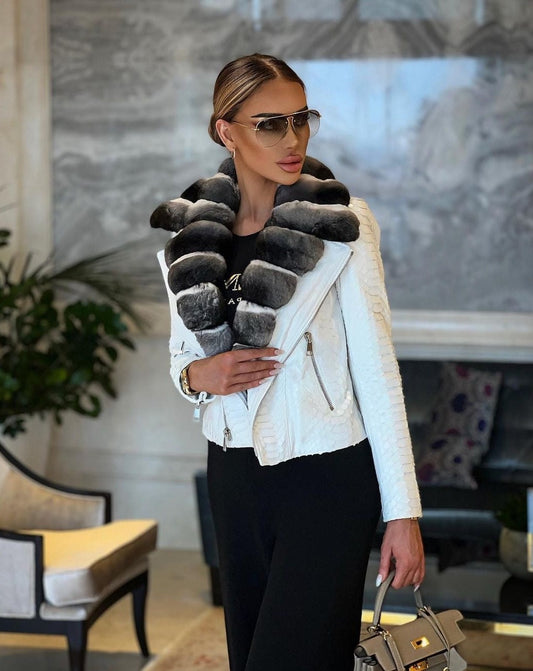 AIZA WHITE Python Leather Jacket with Elegant Chinchilla Fur Collar