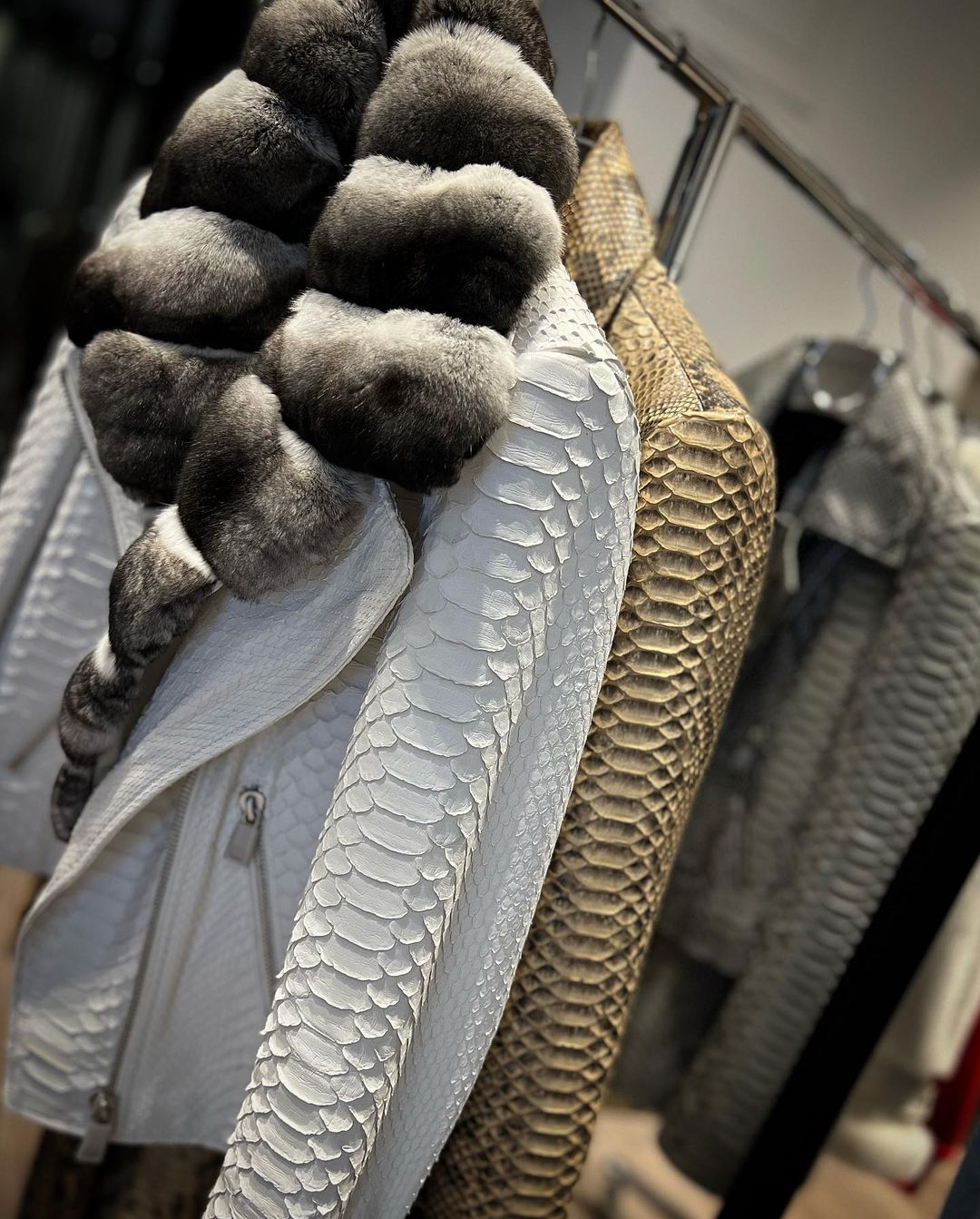 Close-up of the Chinchilla Fur Collar on AIZA WHITE Python Leather Jacket