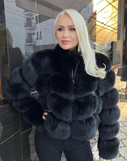 AMIRA BLACK Luxurious Fox Fur Coat