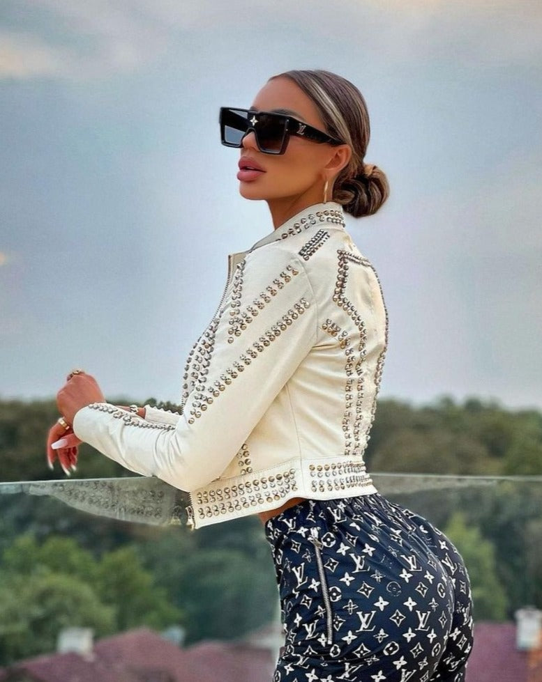 Side View of ARIANA IVORY Leather Jacket on a Model