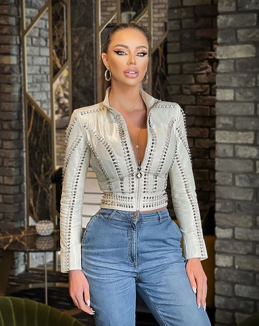 Model Wearing ARIANA IVORY Studded Leather Jacket in a Styled Look