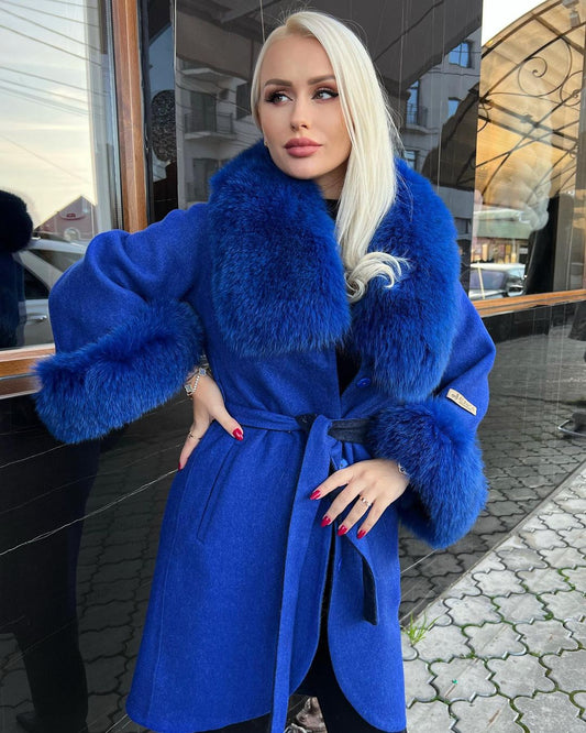 ASH BLUE Luxurious Alpaca Wool Coat with Fox Fur Accents