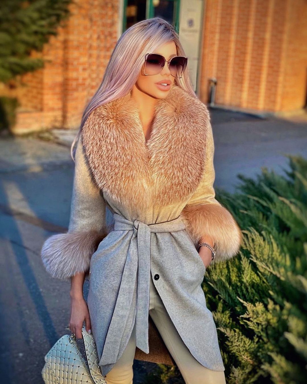 model in ASH BEIGE Luxurious Alpaca Wool Coat with Fox Fur Accents