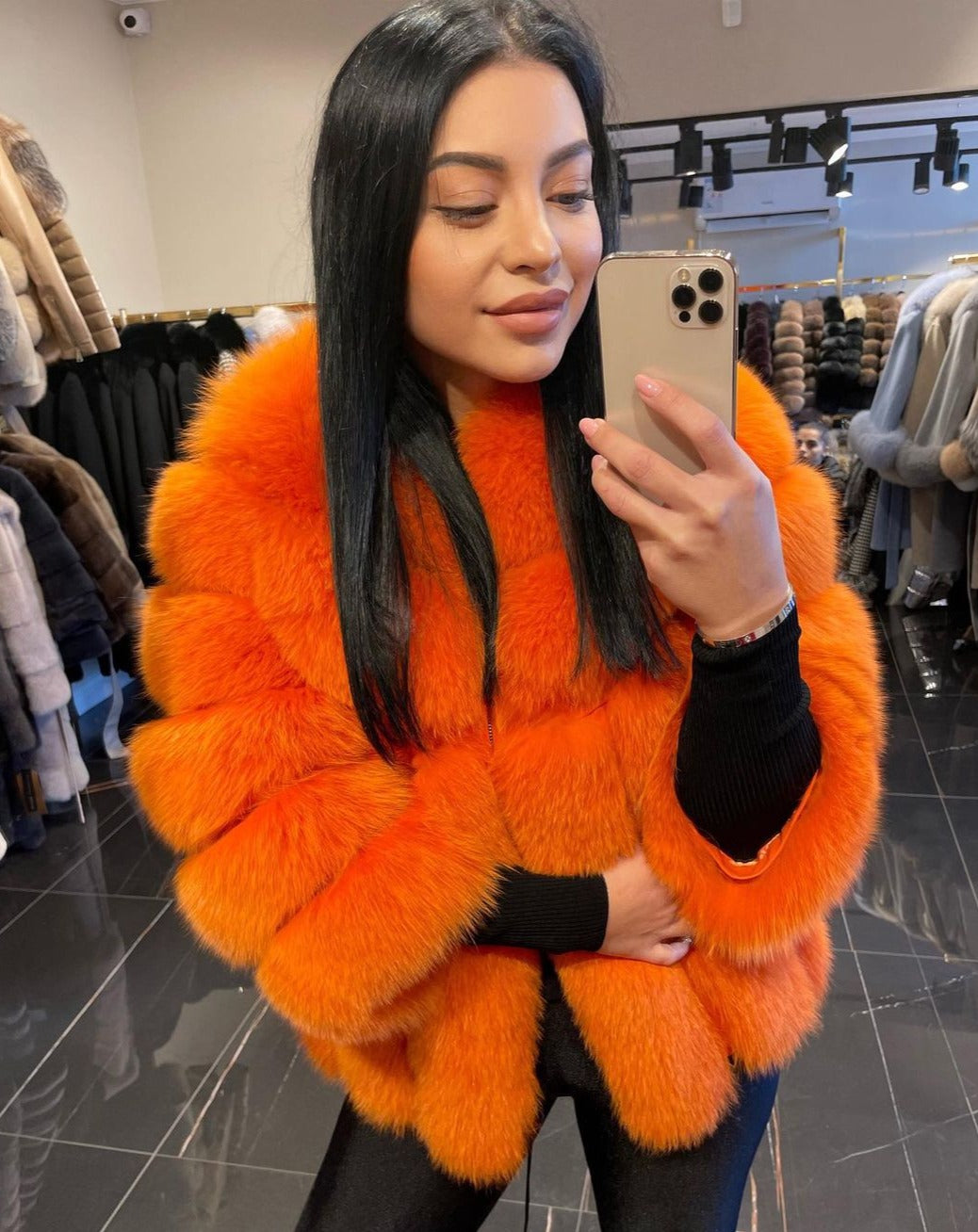 LANI ORANGE Luxurious Fox Fur Coat