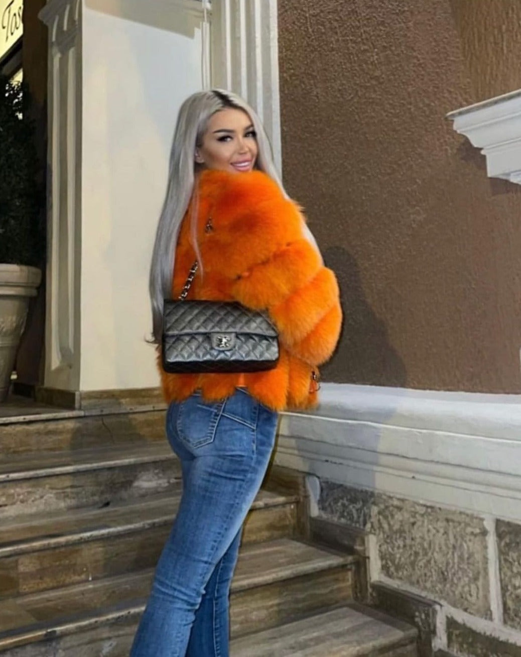 Stylish and Flattering LANI ORANGE Fox Fur Coat