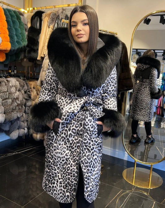 Stylish LEONA BLACK & WHITE Coat with Genuine Fox Fur