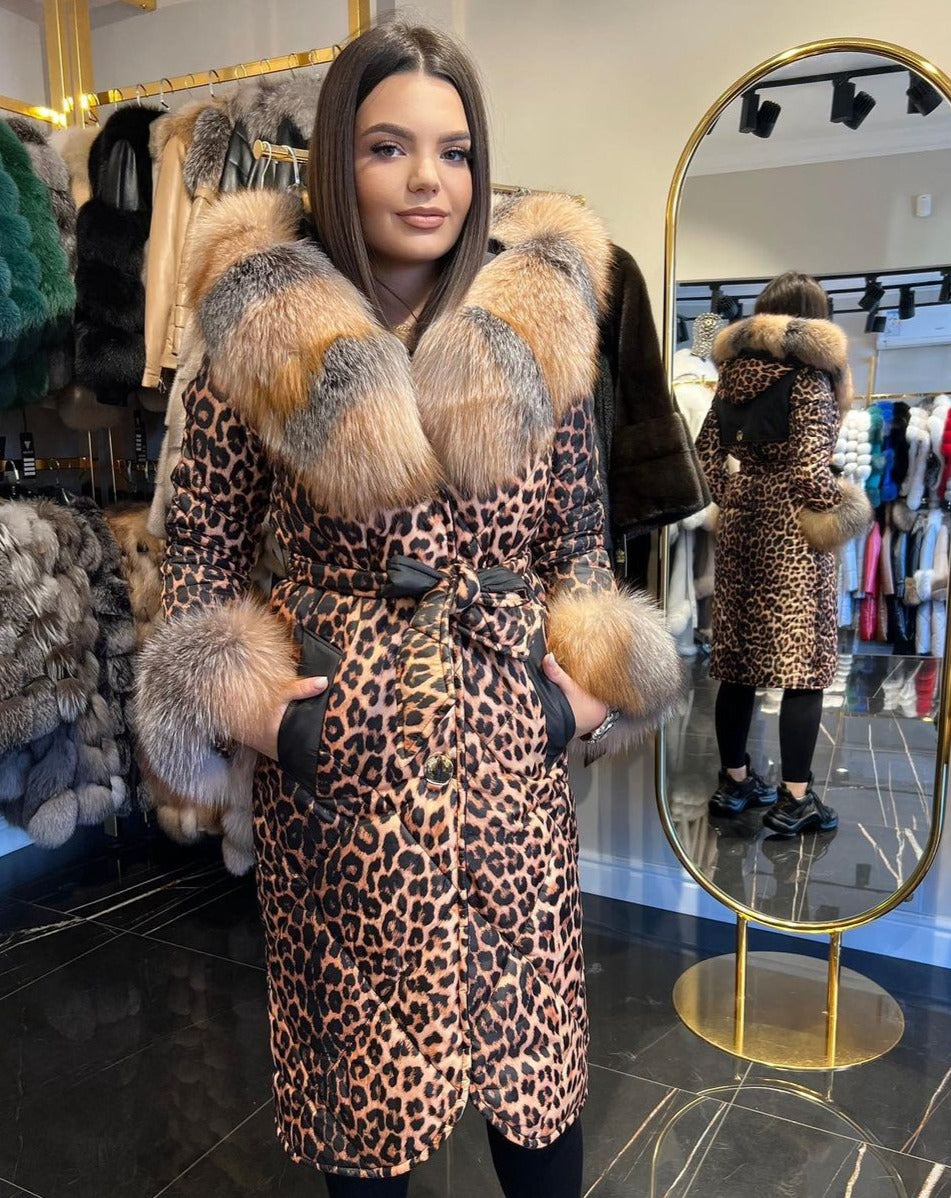 LEONA BROWN Leopard Print Trench Coat with Fox Fur