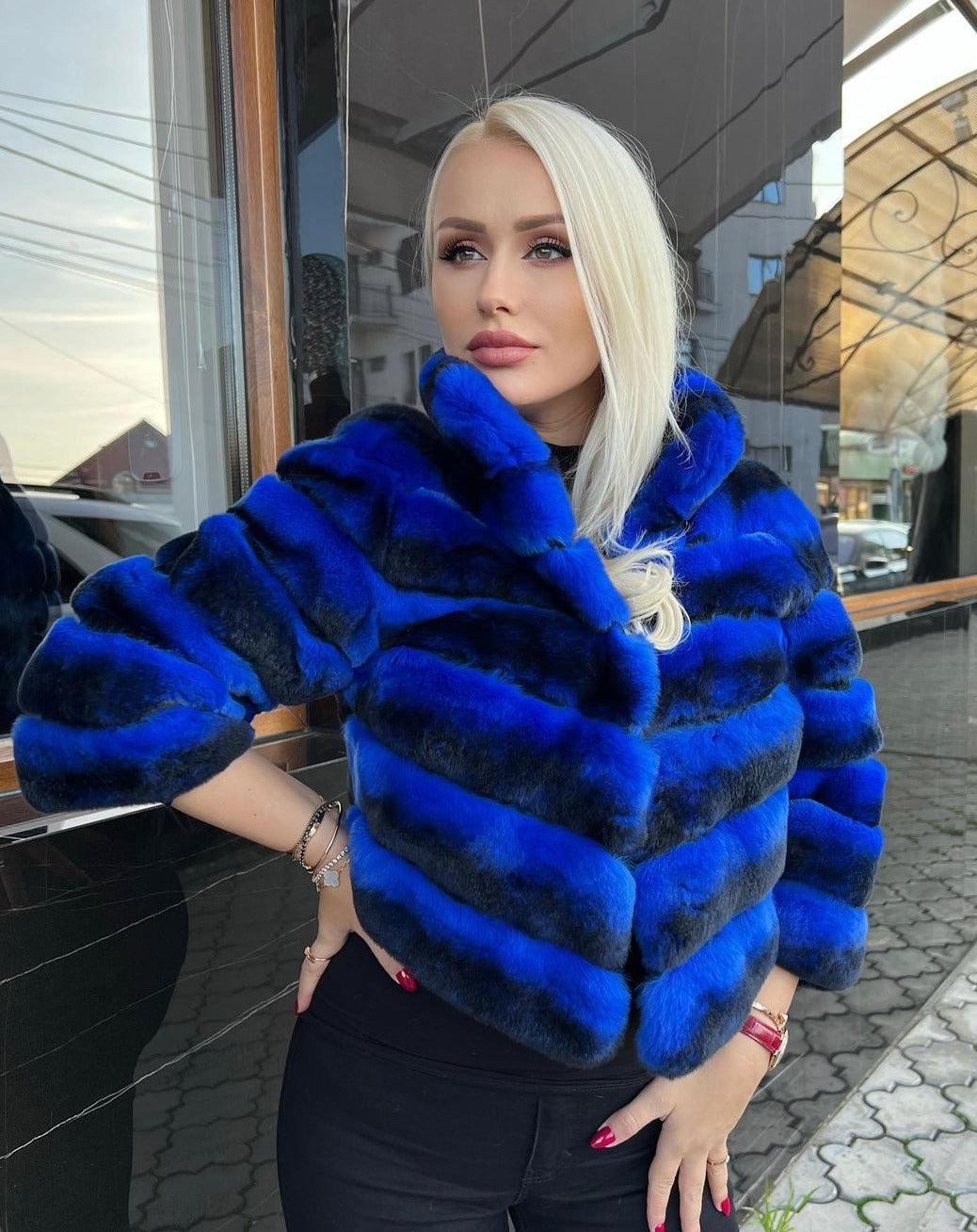 REA BLUE Chinchilla Rex Waist Line Coat