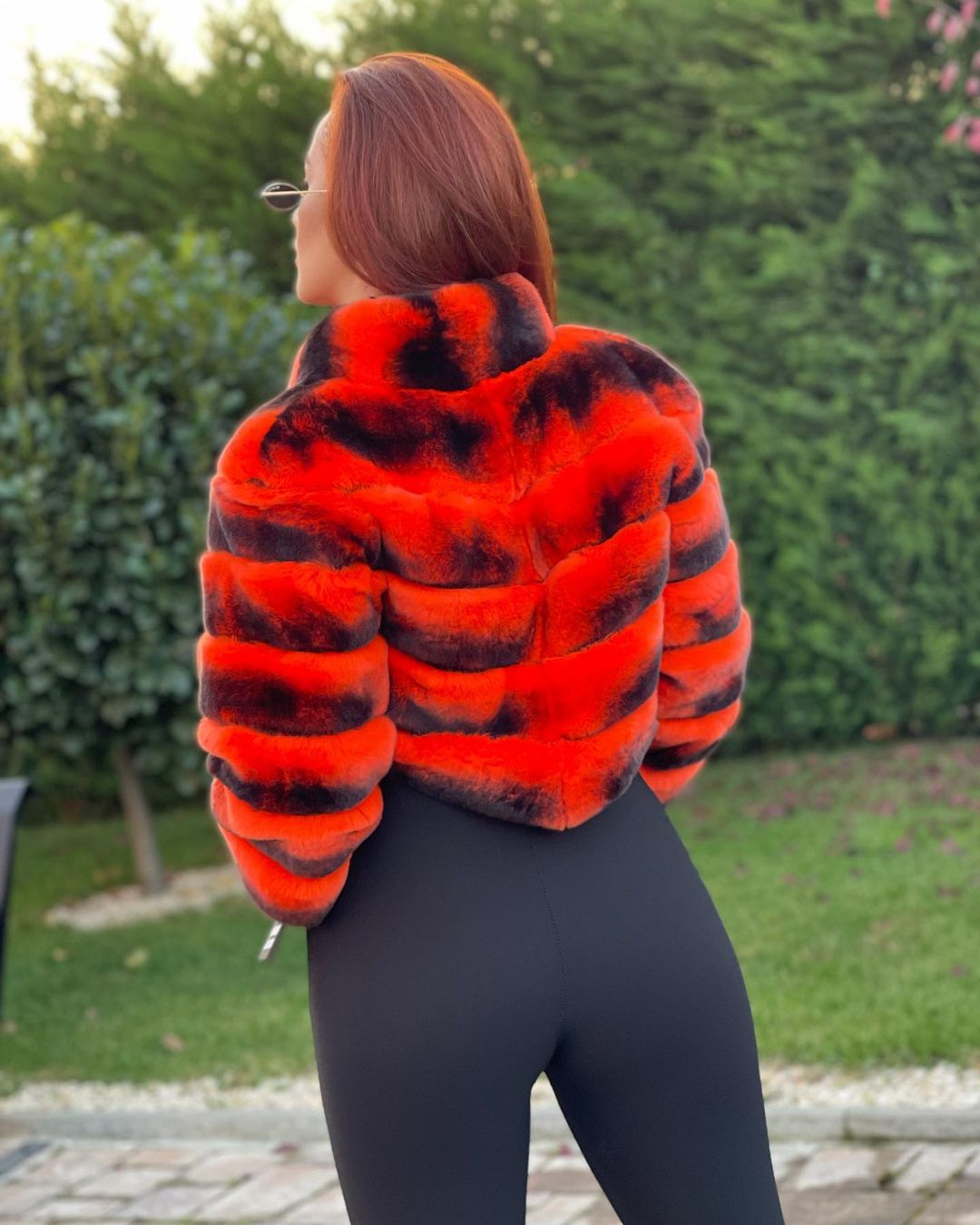 Back of REA RED Chinchilla Rex Waist Line Coat