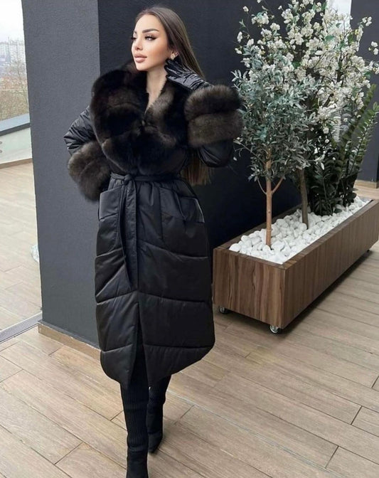 Chic SOFIA BLACK Coat with Removable Fox collar