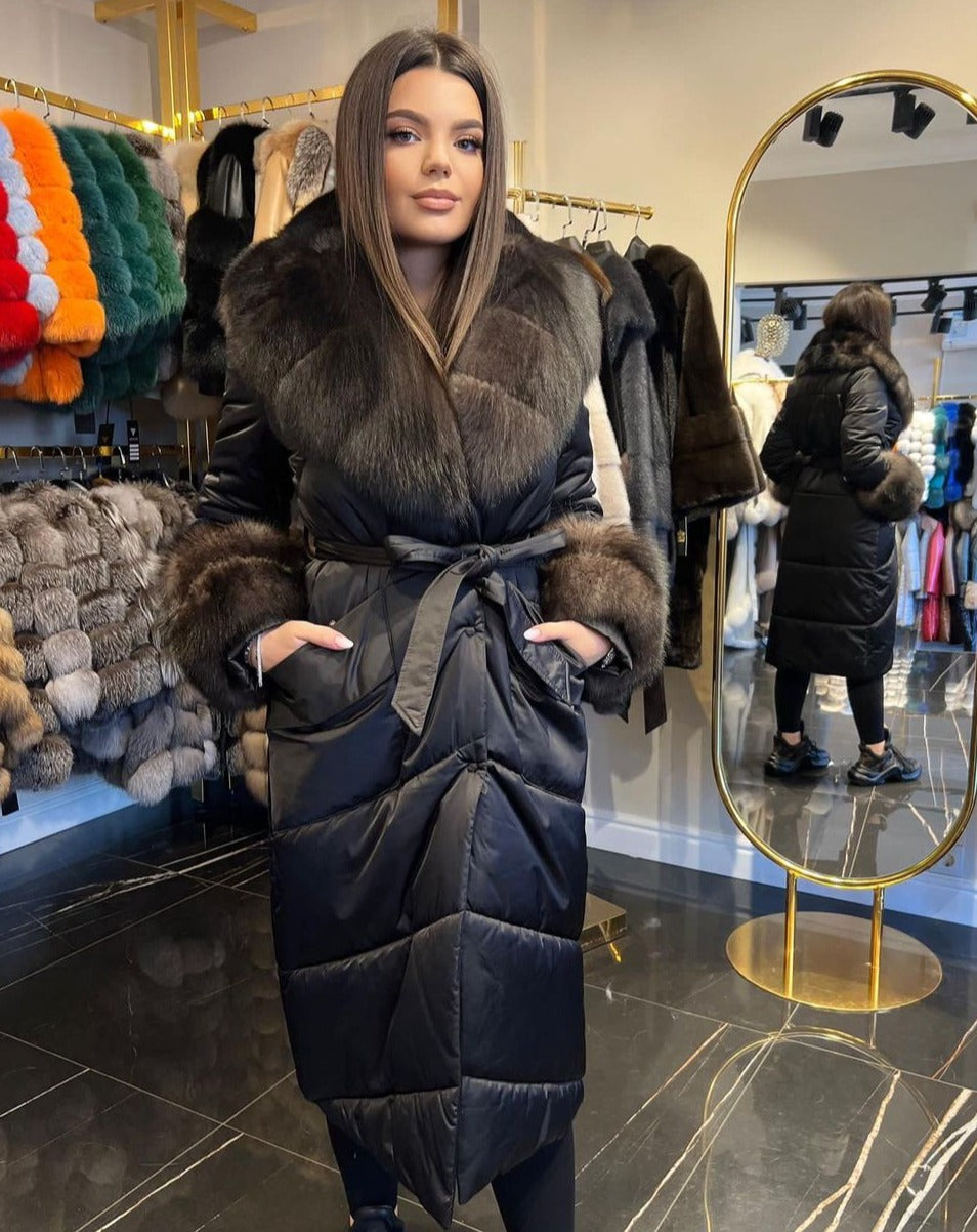 Elegant SOFIA BLACK Over the Knee Coat in Fox Fur