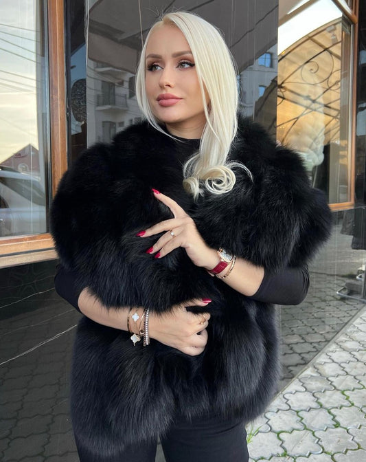 SORAYA BLACK Luxurious Real Fur Cape