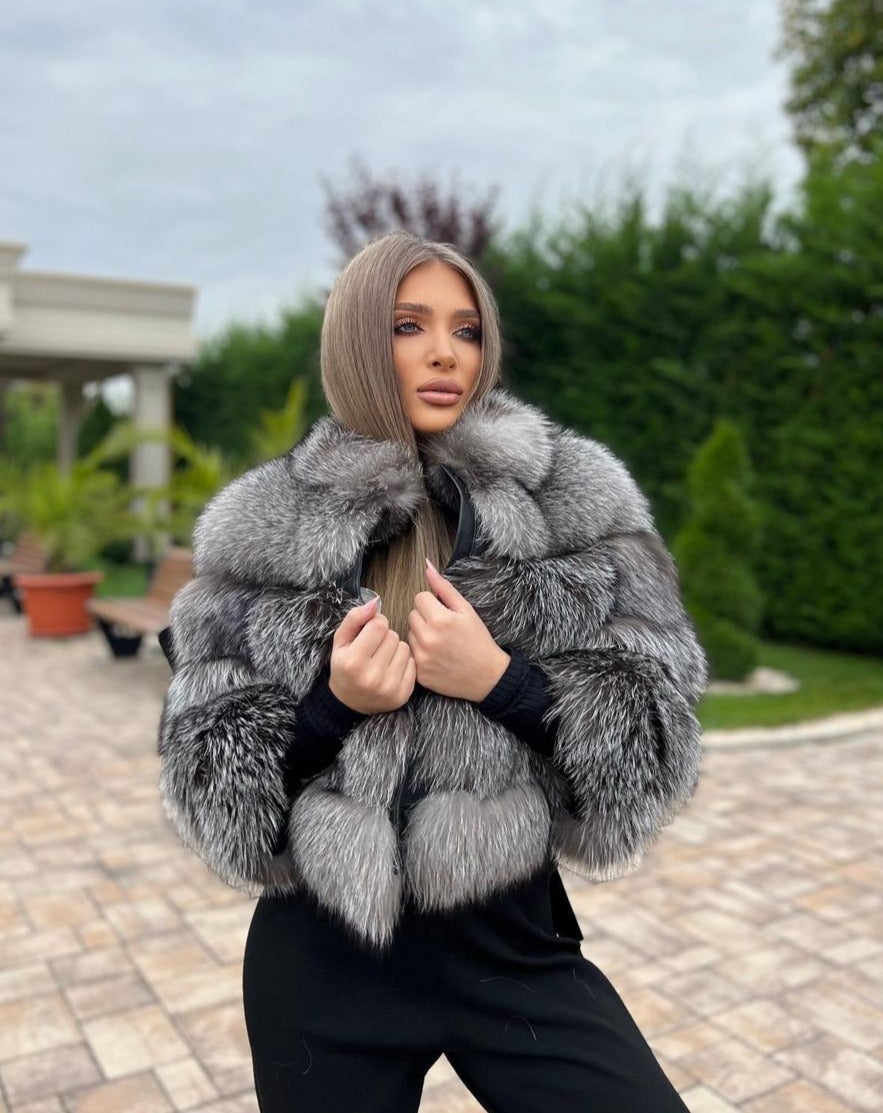 High-Quality Natural Fox Fur Coat - TAYA GREY