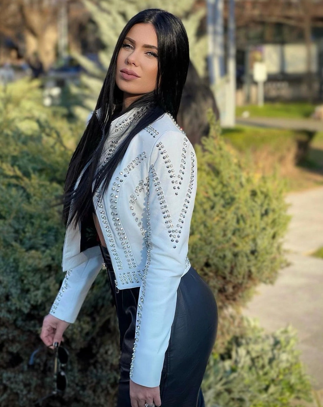 ARIANA WHITE Chic Studded Leather Jacket