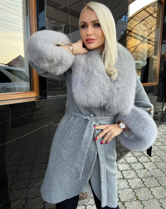ASH GREY Luxurious Alpaca Wool Coat with Fox Fur Accents
