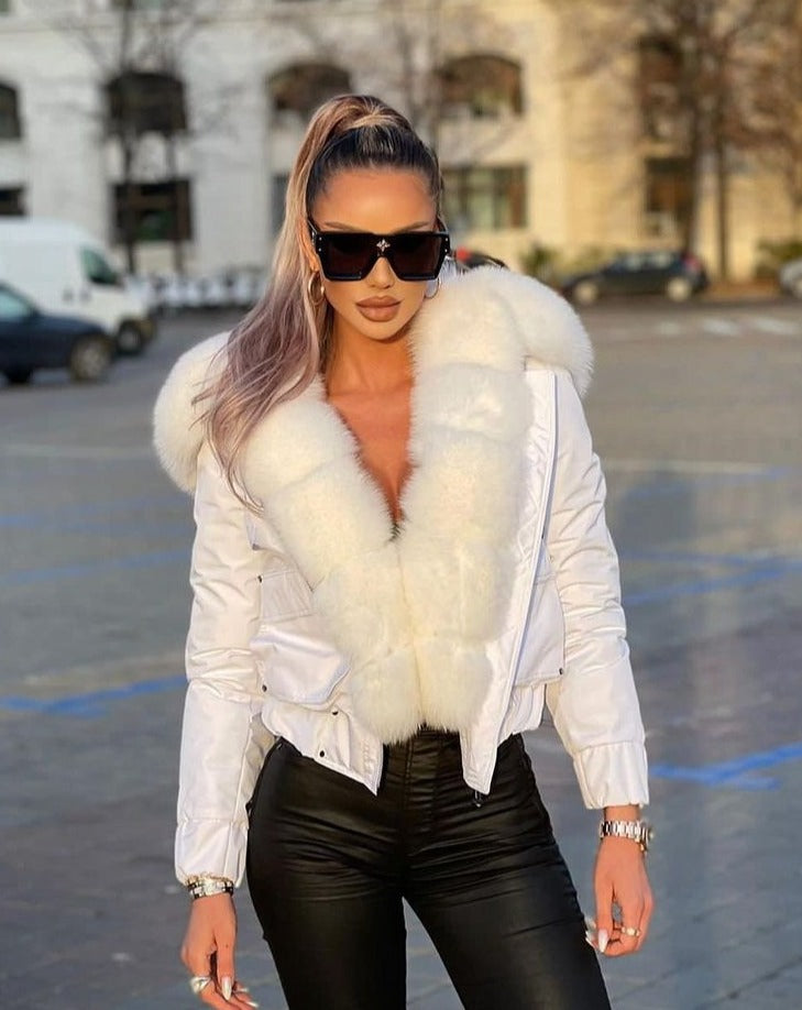 RUMI WHITE Parka Bomber Jacket with Fox Fur